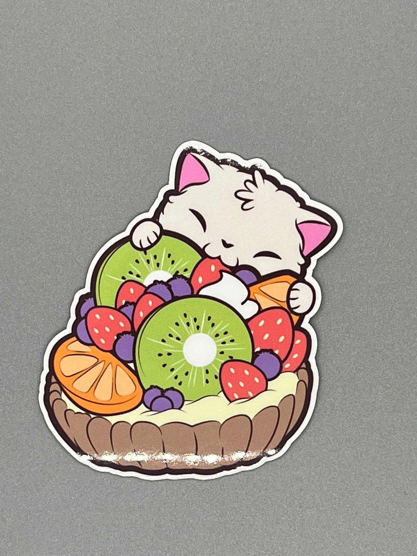 Cat Fruit Basket Sticker - Die Cut White Kitty with Fruit - Great for Water Bottles, Laptops, Notebooks, Scrapbook - Waterproof Weatherproof
