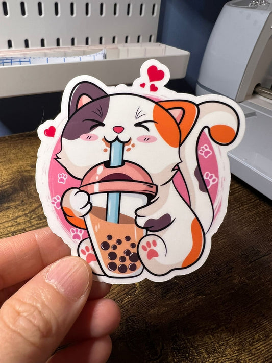 Boba Kitty Sticker - Calico Cat With Hearts - Die Cut - Great for Bottles, Calendars, Notebooks, Folders!  - Weatherproof