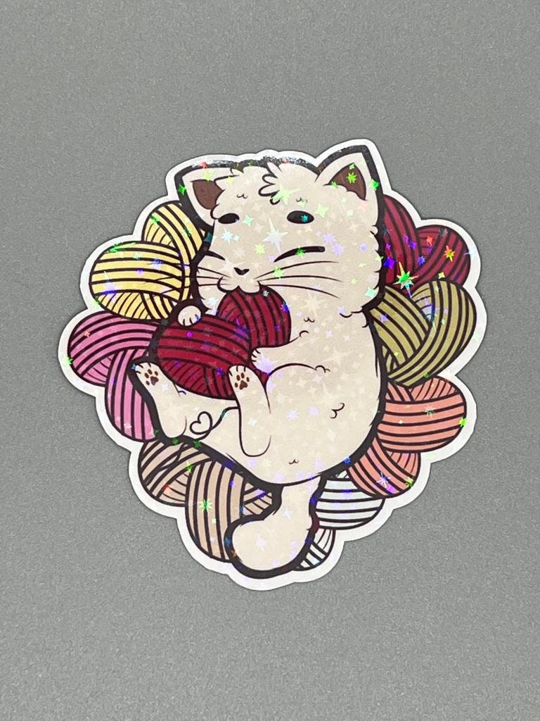 Colorful Yarn Kitty Sticker - White Cat With String - Die Cut - Great for Bottles, Calendars, Notebooks, Folders! - Weatherproof