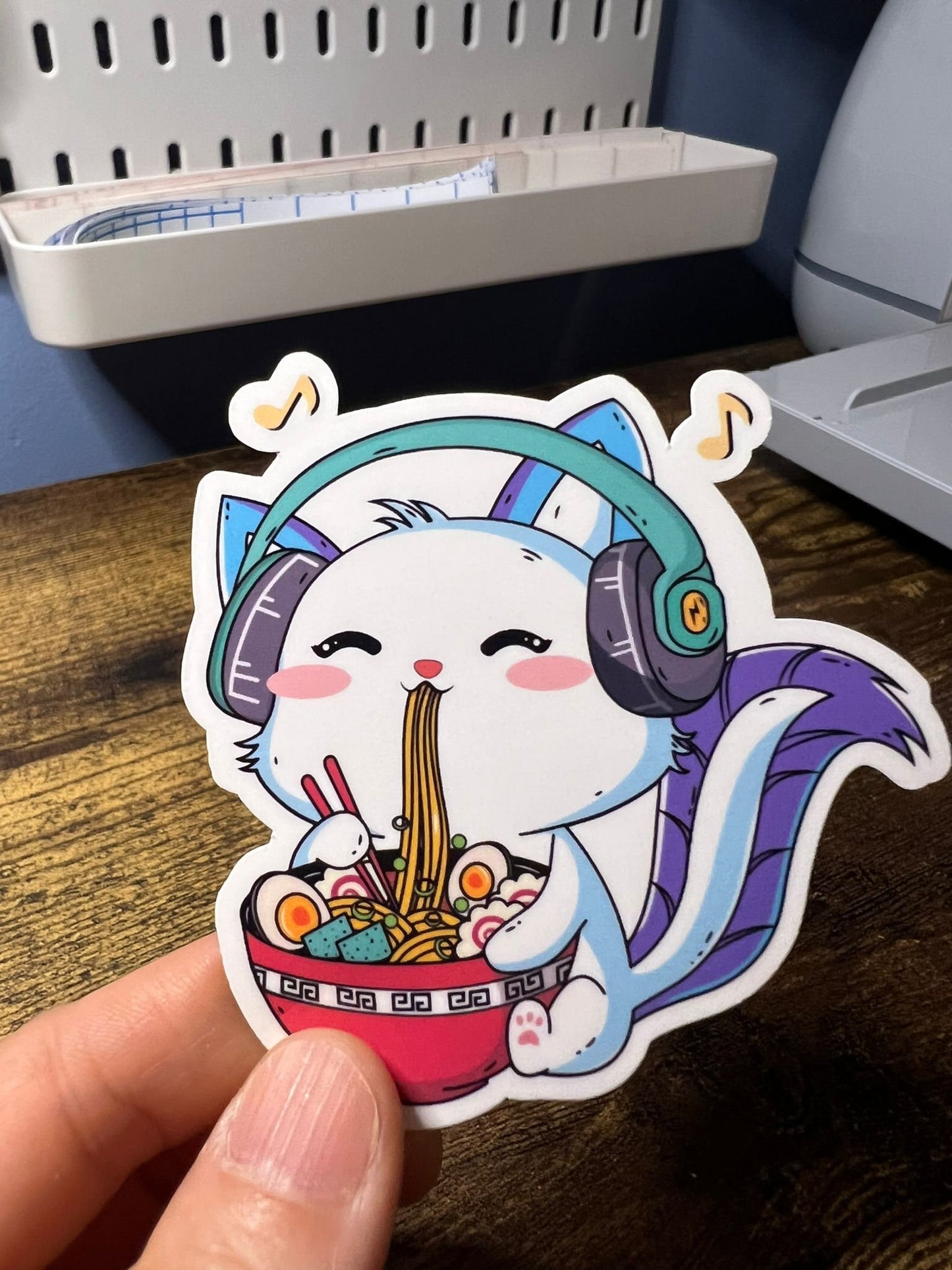 Vibing Ramen Kitty Sticker - White Pixie Cat - Die Cut - Great for Bottles, Calendars, Notebooks, Folders! - Weatherproof