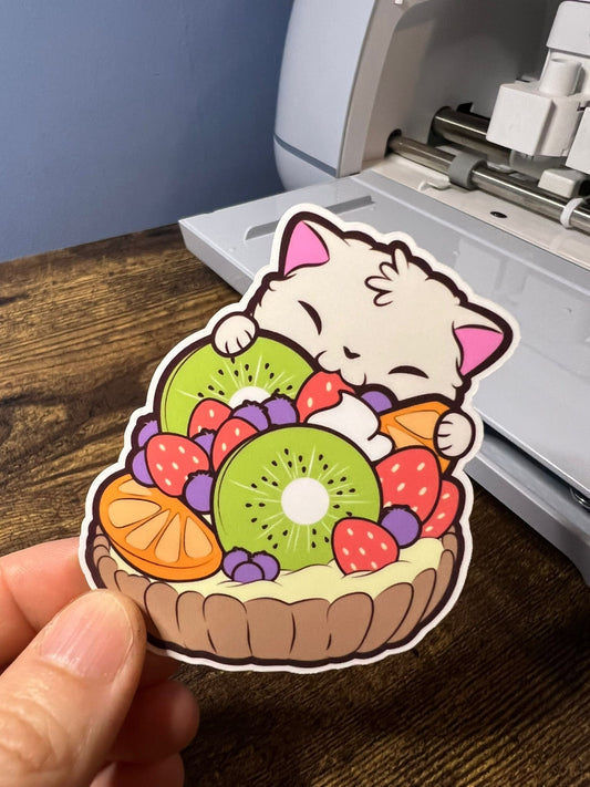 Cat Fruit Basket Sticker - Die Cut White Kitty with Fruit - Great for Water Bottles, Laptops, Notebooks, Scrapbook - Waterproof Weatherproof