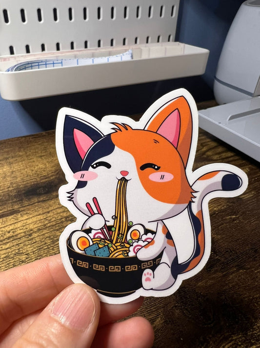 Ramen Kitty Sticker - Calico Cat - Die Cut - Great for Bottles, Calendars, Notebooks, Folders!  - Weatherproof