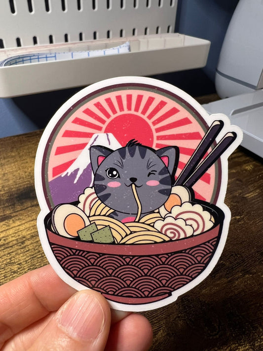 Ramen Kitty Sticker - Black Sunrise Cat - Die Cut - Great for Bottles, Calendars, Notebooks, Folders!  - Weatherproof