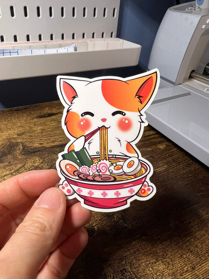 Ramen Kitty Sticker - Happy Calico Cat - Die Cut - Great for Bottles, Calendars, Notebooks, Folders!  - Weatherproof