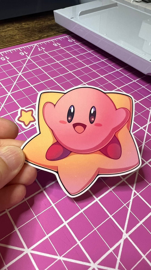 Happy Kirby Riding Star - Die Cut - Great for Water Bottles, Folders, Notebooks, Laptops and More